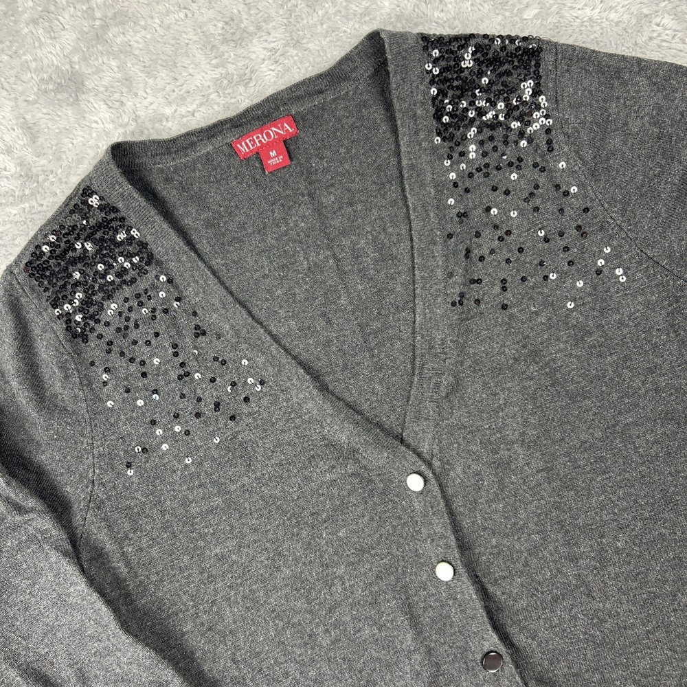 Womens M Dark Gray Sequined Cardigan Long Sleeve Sweater Vneck Quiet Glam